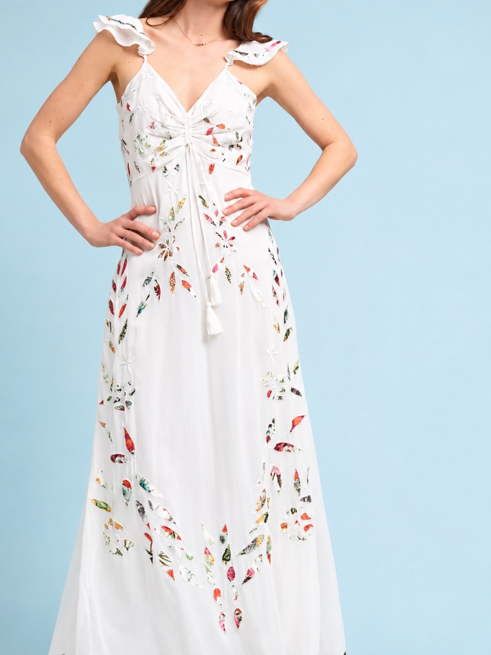 Anthropologie FARM Rio Quintana Maxi Dress White Embroidered 6P